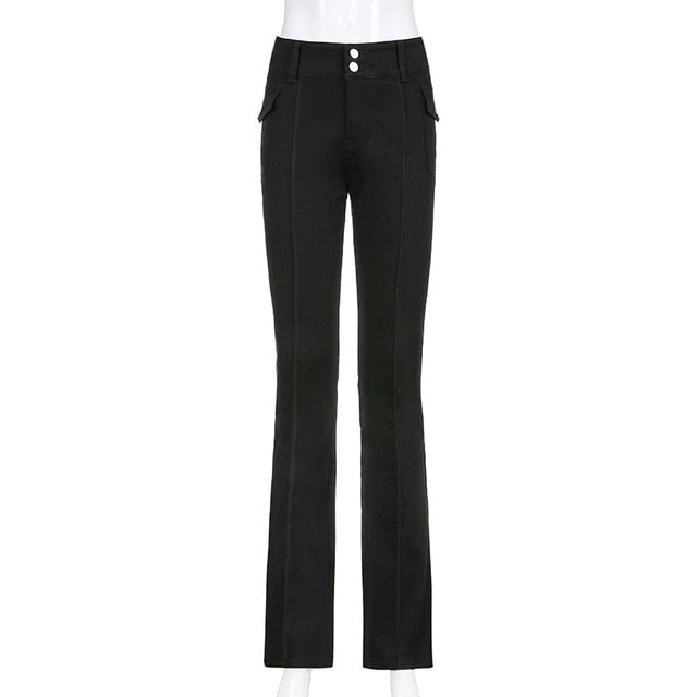 Indie Aesthetics Slim Low Waist Flare Pants E-girl Vintage Pockets Solid Y2K Pants Autumn 90s Fashion Black Trousers