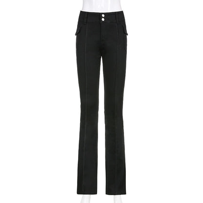 Indie Aesthetics Slim Low Waist Flare Pants E-girl Vintage Pockets Solid Y2K Pants Autumn 90s Fashion Black Trousers