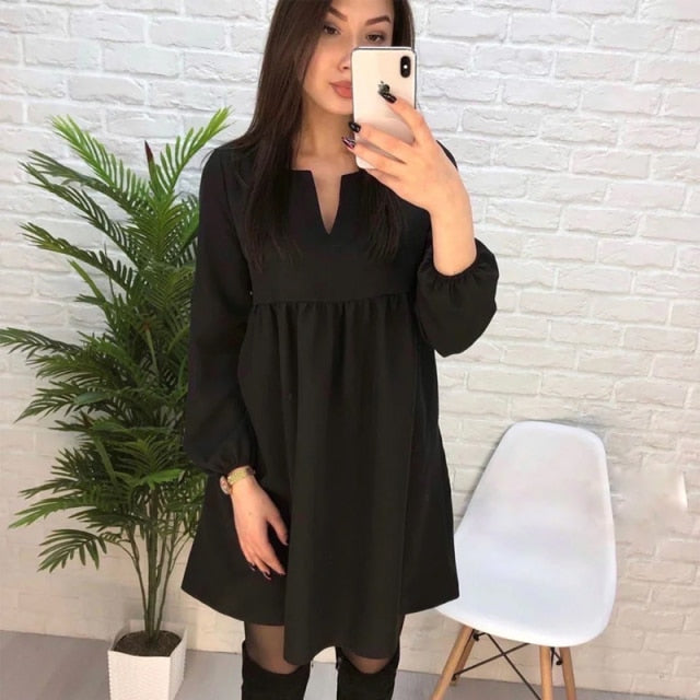 Women Casual  High Waist Mini Dress Long sleeve Sexy V-Neck Solid Color Party Lantern Sleeve Dress Autumn New Fashion Dress