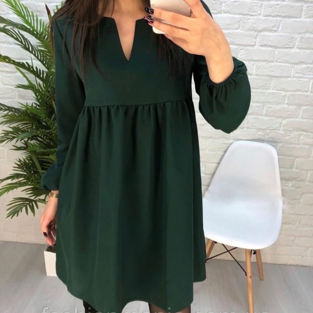 Women Casual  High Waist Mini Dress Long sleeve Sexy V-Neck Solid Color Party Lantern Sleeve Dress Autumn New Fashion Dress