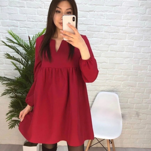 Women Casual  High Waist Mini Dress Long sleeve Sexy V-Neck Solid Color Party Lantern Sleeve Dress Autumn New Fashion Dress