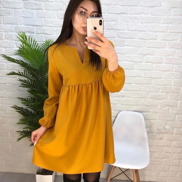 Women Casual  High Waist Mini Dress Long sleeve Sexy V-Neck Solid Color Party Lantern Sleeve Dress Autumn New Fashion Dress