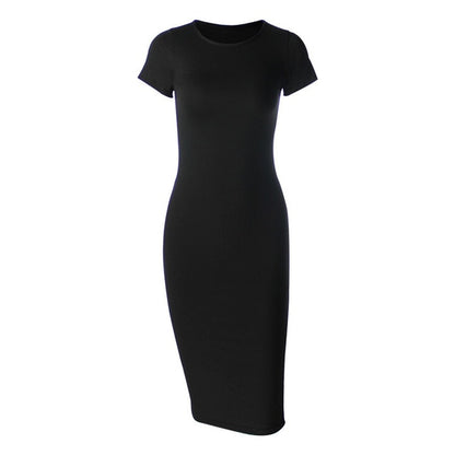Cotton Long Spring Dress Fashion Solid O-Neck Short Sleeve Office Lady Summer Dress Plus Size Casual Pencil Vestidos Party Robe
