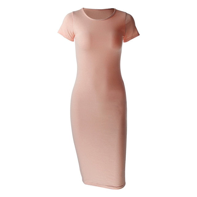 Cotton Long Spring Dress Fashion Solid O-Neck Short Sleeve Office Lady Summer Dress Plus Size Casual Pencil Vestidos Party Robe