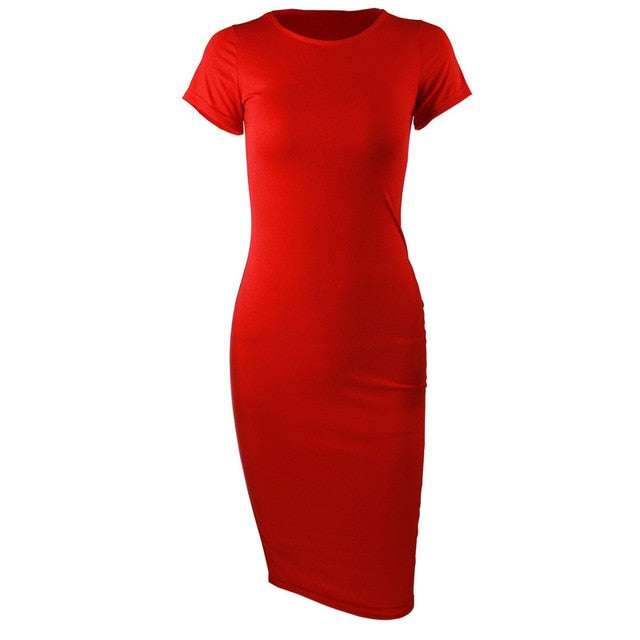 Cotton Long Spring Dress Fashion Solid O-Neck Short Sleeve Office Lady Summer Dress Plus Size Casual Pencil Vestidos Party Robe