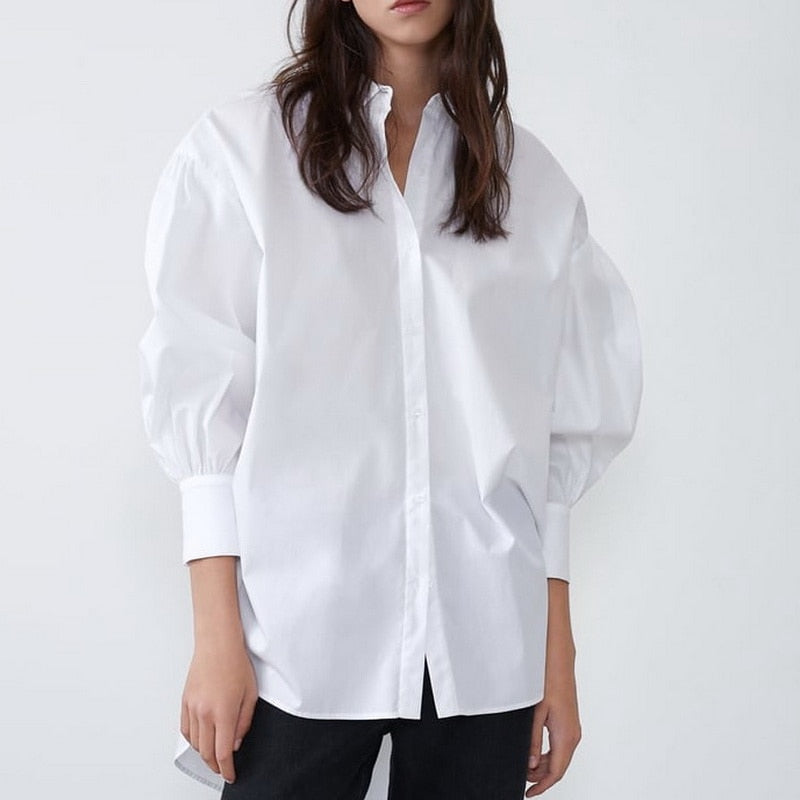 Stylish Women Long Shirt Spring 2021 New Fashion White and Black Blouse Modern Lady Loose Long Sleeve Shirts