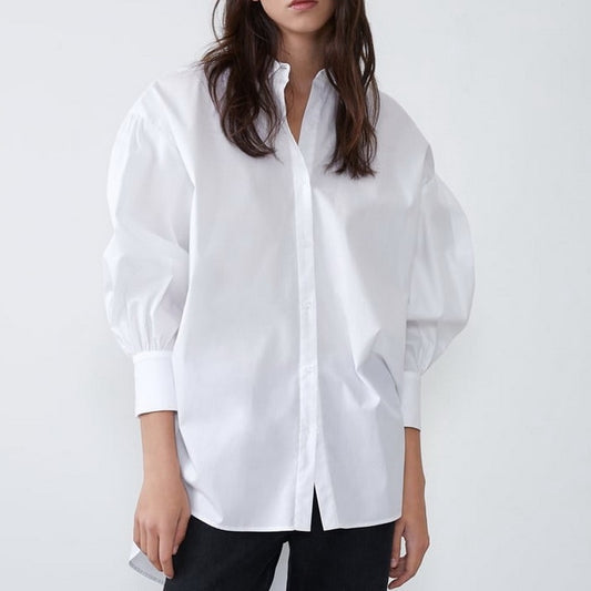 Stylish Women Long Shirt Spring 2021 New Fashion White and Black Blouse Modern Lady Loose Long Sleeve Shirts