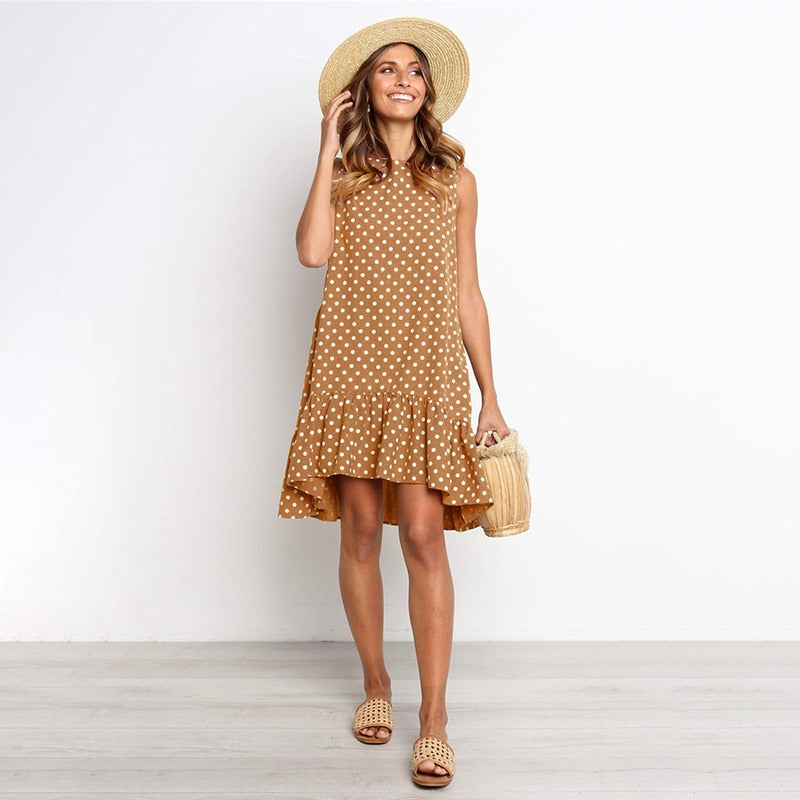 Women Summer Dress Polka Dot Chiffon Sleeveless Beach Mini Casual Yellow Sundress Fashion Plus Size Dress For Women