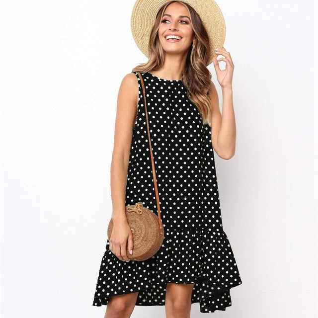 Women Summer Dress Polka Dot Chiffon Sleeveless Beach Mini Casual Yellow Sundress Fashion Plus Size Dress For Women