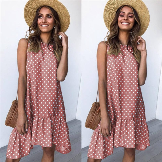 Women Summer Dress Polka Dot Chiffon Sleeveless Beach Mini Casual Yellow Sundress Fashion Plus Size Dress For Women