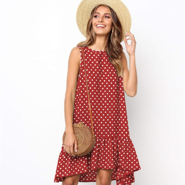 Women Summer Dress Polka Dot Chiffon Sleeveless Beach Mini Casual Yellow Sundress Fashion Plus Size Dress For Women