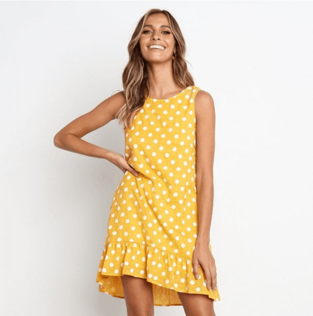 Women Summer Dress Polka Dot Chiffon Sleeveless Beach Mini Casual Yellow Sundress Fashion Plus Size Dress For Women