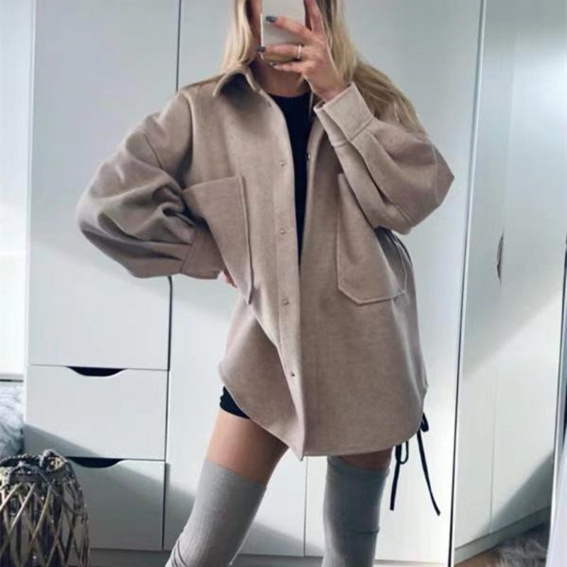 Casual Woman Camel Loose Pocket Woolen Shirt Fashion Ladies Autumn Long Sleeve Thick Blouse Coat Female Long Outwear