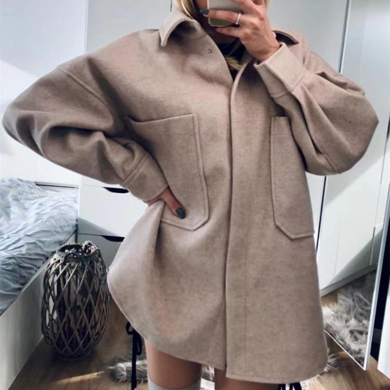 Casual Woman Camel Loose Pocket Woolen Shirt Fashion Ladies Autumn Long Sleeve Thick Blouse Coat Female Long Outwear