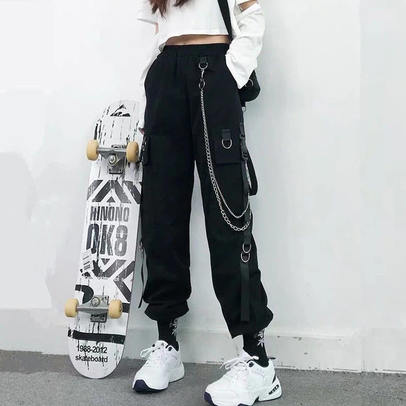 Women Cargo Pants 2021 Harem Pants Fashion Punk Pockets Jogger Trousers With Chain Harajuku Elastics High Waist Streetwear