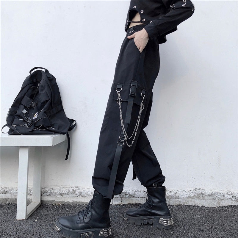 Women Cargo Pants 2021 Harem Pants Fashion Punk Pockets Jogger Trousers With Chain Harajuku Elastics High Waist Streetwear