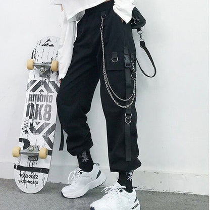 Women Cargo Pants 2021 Harem Pants Fashion Punk Pockets Jogger Trousers With Chain Harajuku Elastics High Waist Streetwear