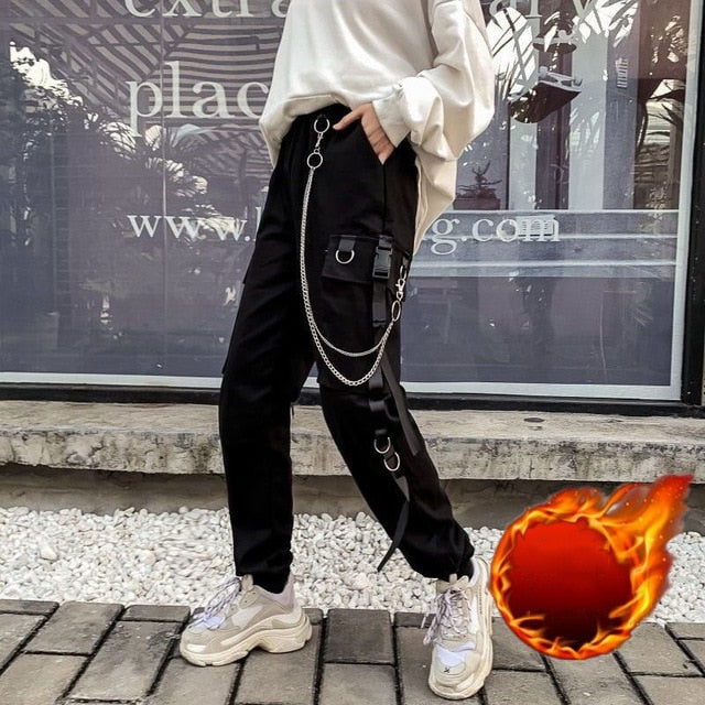 Women Cargo Pants 2021 Harem Pants Fashion Punk Pockets Jogger Trousers With Chain Harajuku Elastics High Waist Streetwear