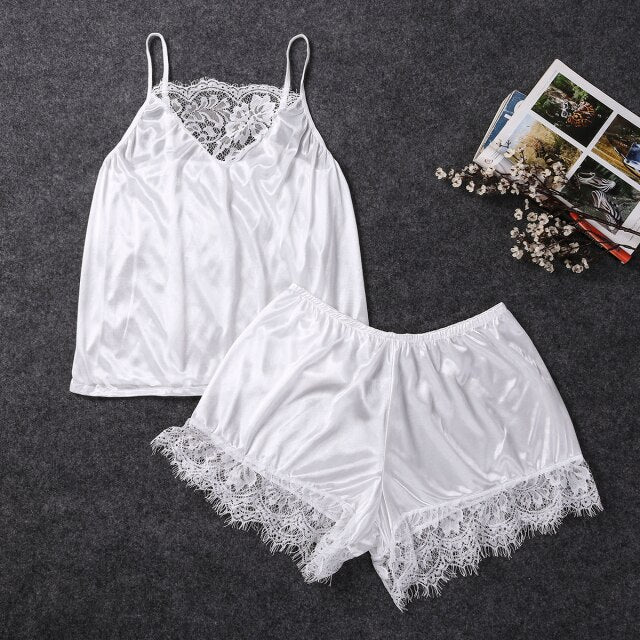 Women's Pajamas Set Sleepwear Sexy Lingerie Satin Lace Sleeveless Top Shorts Summwer Night Suit 2pcs/Set Ladies Underwear