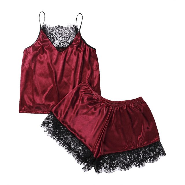 Women's Pajamas Set Sleepwear Sexy Lingerie Satin Lace Sleeveless Top Shorts Summwer Night Suit 2pcs/Set Ladies Underwear