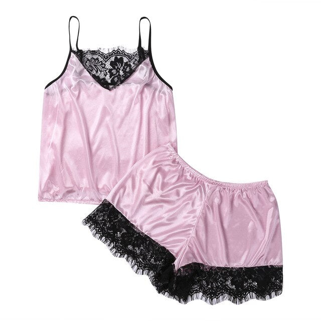 Women's Pajamas Set Sleepwear Sexy Lingerie Satin Lace Sleeveless Top Shorts Summwer Night Suit 2pcs/Set Ladies Underwear