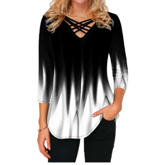 New Spring Tops 4XL 5XL Oversized Women Blouses 3D Gradient Print Cross V-Neck Loose Plus Size Shirt Tops Fashion Clothes