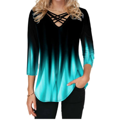 New Spring Tops 4XL 5XL Oversized Women Blouses 3D Gradient Print Cross V-Neck Loose Plus Size Shirt Tops Fashion Clothes