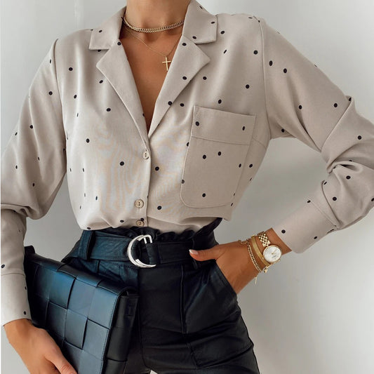 Pocket Long Sleeve Turn Down Collar Women Blouse Office Lady Polka Dot Cotton Casual Shirts