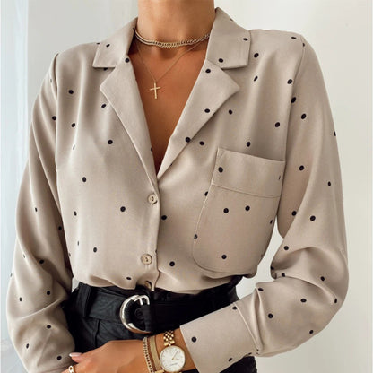 Pocket Long Sleeve Turn Down Collar Women Blouse Office Lady Polka Dot Cotton Casual Shirts