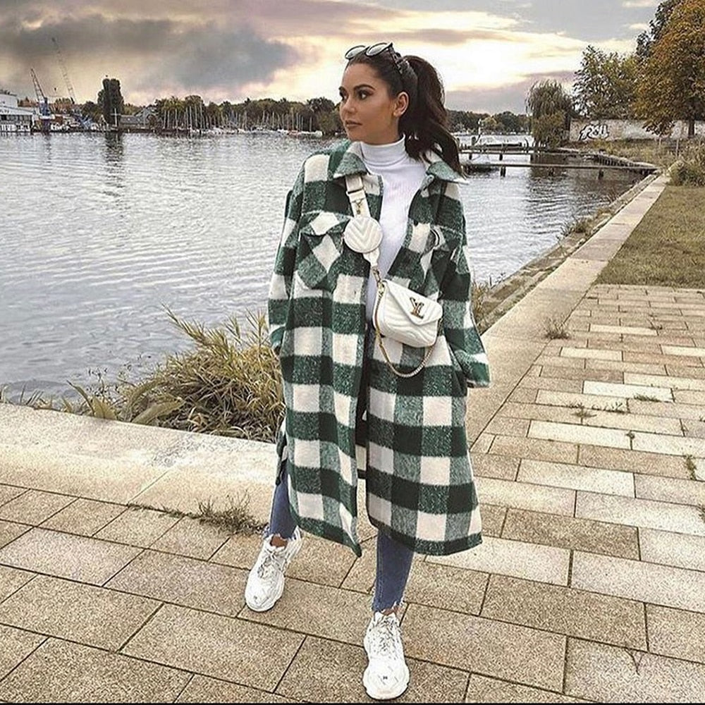 Women Oversized Coat Long Checked Casual Fashion Chic Women Jackets Long windbreaker Outfits