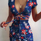 Cryptographic Floral Print Fashion Tie Up Wrap Mini Dress 2021 Summer Holiday Ruffles Sundress Ruched Women's Dress Short Sleeve