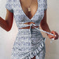 Cryptographic Floral Print Fashion Tie Up Wrap Mini Dress 2021 Summer Holiday Ruffles Sundress Ruched Women's Dress Short Sleeve