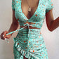 Cryptographic Floral Print Fashion Tie Up Wrap Mini Dress 2021 Summer Holiday Ruffles Sundress Ruched Women's Dress Short Sleeve