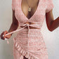 Cryptographic Floral Print Fashion Tie Up Wrap Mini Dress 2021 Summer Holiday Ruffles Sundress Ruched Women's Dress Short Sleeve