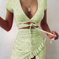 Cryptographic Floral Print Fashion Tie Up Wrap Mini Dress 2021 Summer Holiday Ruffles Sundress Ruched Women's Dress Short Sleeve