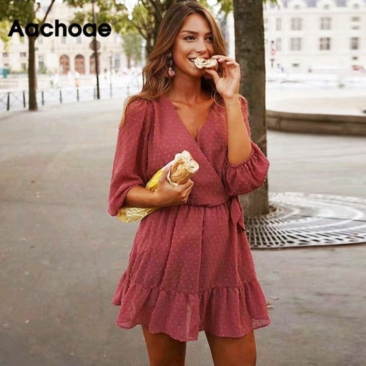 Summer Women Ruffles Lace Chiffon Dress Boho Mini Beach Dress Three Quarter Sleeve Ladies Party Dresses Vestido