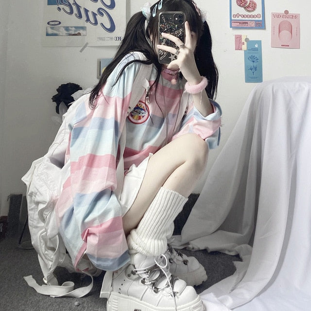 Autumn tshirt Casual Letter Print O-Neck stripe Tees Creativity Loose T-Shirts Women Long Sleeve Oversize top Hip Hop Streetwear