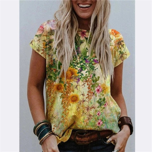 Women T-Shirts Short Sleeve Casual Tee Summer Flower Print Fashion Tops 5XL Oversized Female Loose T-Shirt O-Neck Plus Size