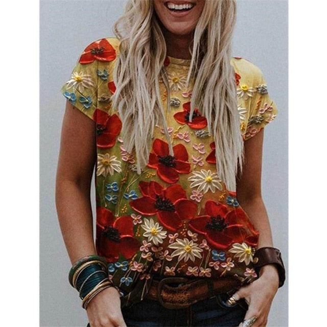 Women T-Shirts Short Sleeve Casual Tee Summer Flower Print Fashion Tops 5XL Oversized Female Loose T-Shirt O-Neck Plus Size