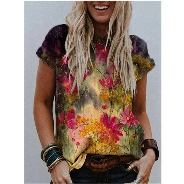 Women T-Shirts Short Sleeve Casual Tee Summer Flower Print Fashion Tops 5XL Oversized Female Loose T-Shirt O-Neck Plus Size