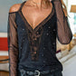 Spring Summer Women Sexy Daily Wear Cold Shoulder Sheer Mesh Lace Blouse Long SLeeve Black Shirt Casual