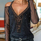 Spring Summer Women Sexy Daily Wear Cold Shoulder Sheer Mesh Lace Blouse Long SLeeve Black Shirt Casual