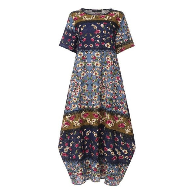 ZANZEA Fashion Summer Maxi Dress Women's Printed Sundress Casual Short Sleeve Vestidos Female High Waist Robe Femme Plus Size