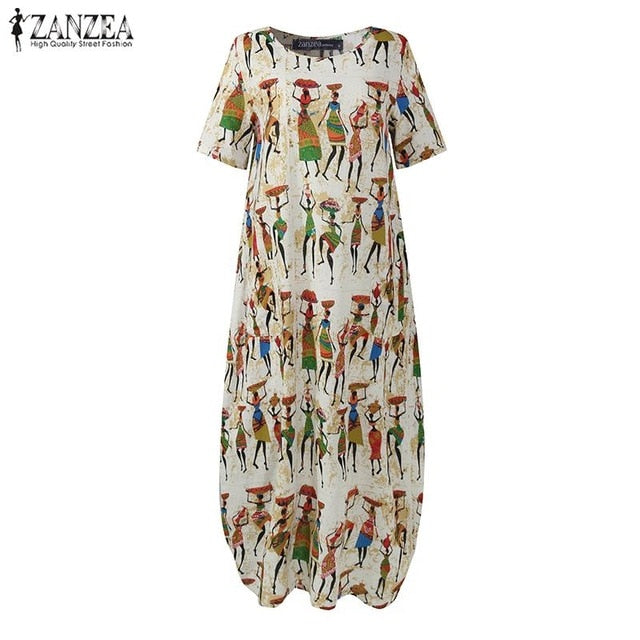 ZANZEA Fashion Summer Maxi Dress Women's Printed Sundress Casual Short Sleeve Vestidos Female High Waist Robe Femme Plus Size