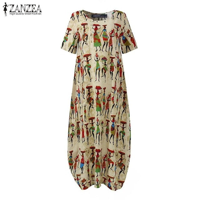 ZANZEA Fashion Summer Maxi Dress Women's Printed Sundress Casual Short Sleeve Vestidos Female High Waist Robe Femme Plus Size