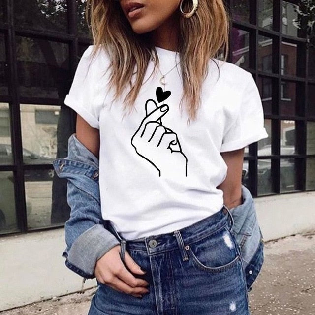 Harajuku Heart Print T Shirt Women Short Sleeve O Neck Loose Tshirt Summer Tee Tops Short Sleeve Female Camisetas Mujer