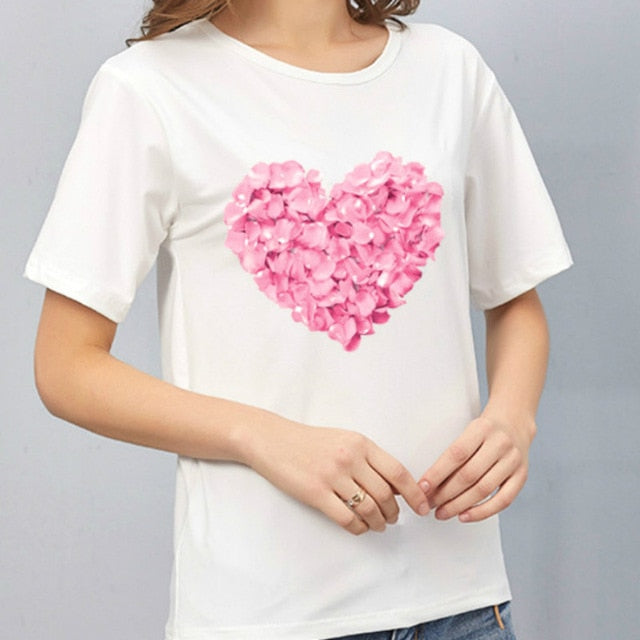 Harajuku Heart Print T Shirt Women Short Sleeve O Neck Loose Tshirt Summer Tee Tops Short Sleeve Female Camisetas Mujer