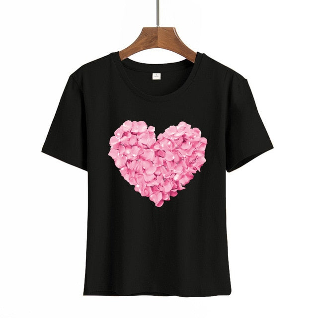 Harajuku Heart Print T Shirt Women Short Sleeve O Neck Loose Tshirt Summer Tee Tops Short Sleeve Female Camisetas Mujer