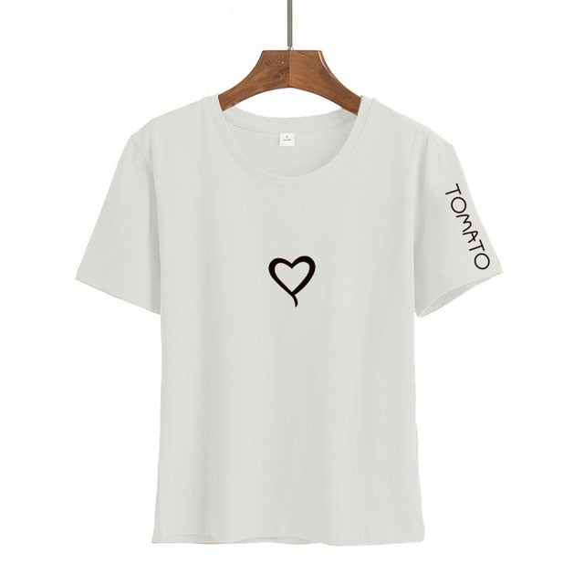 Harajuku Heart Print T Shirt Women Short Sleeve O Neck Loose Tshirt Summer Tee Tops Short Sleeve Female Camisetas Mujer