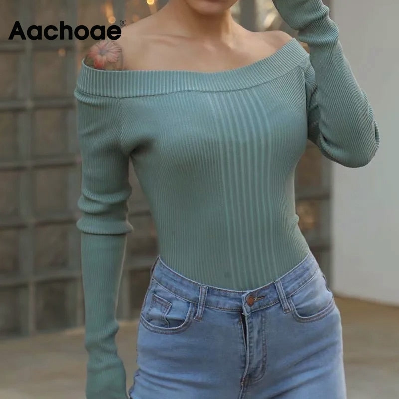 Women Sexy Off Shoulder Knitted Bodysuit Solid Long Sleeve Bodycon Jumpsuit Streetwear Casual Slash Neck Playsuit